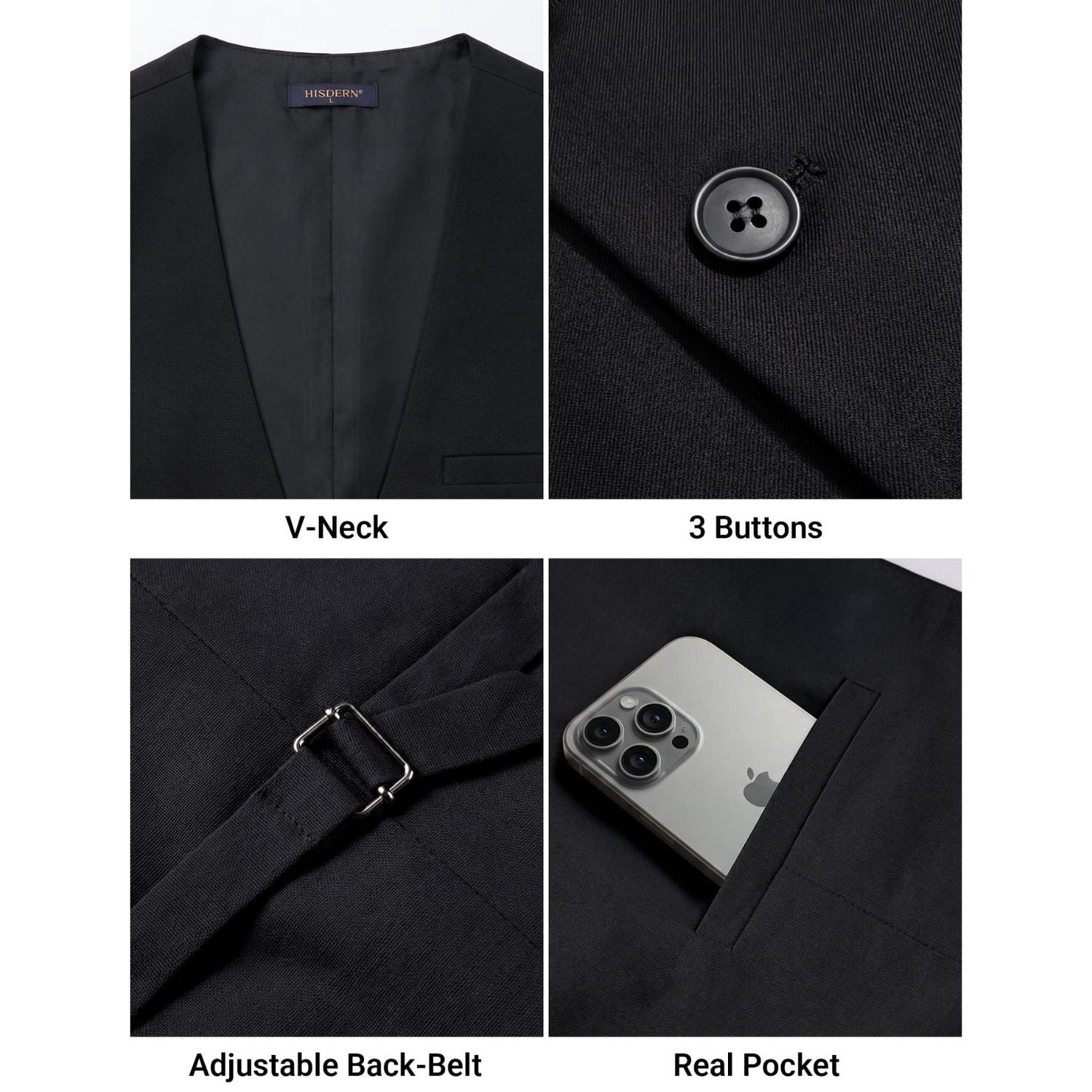 Hisdern Men's Black Casual Linen Vest Lightweight Summer Waistcoat