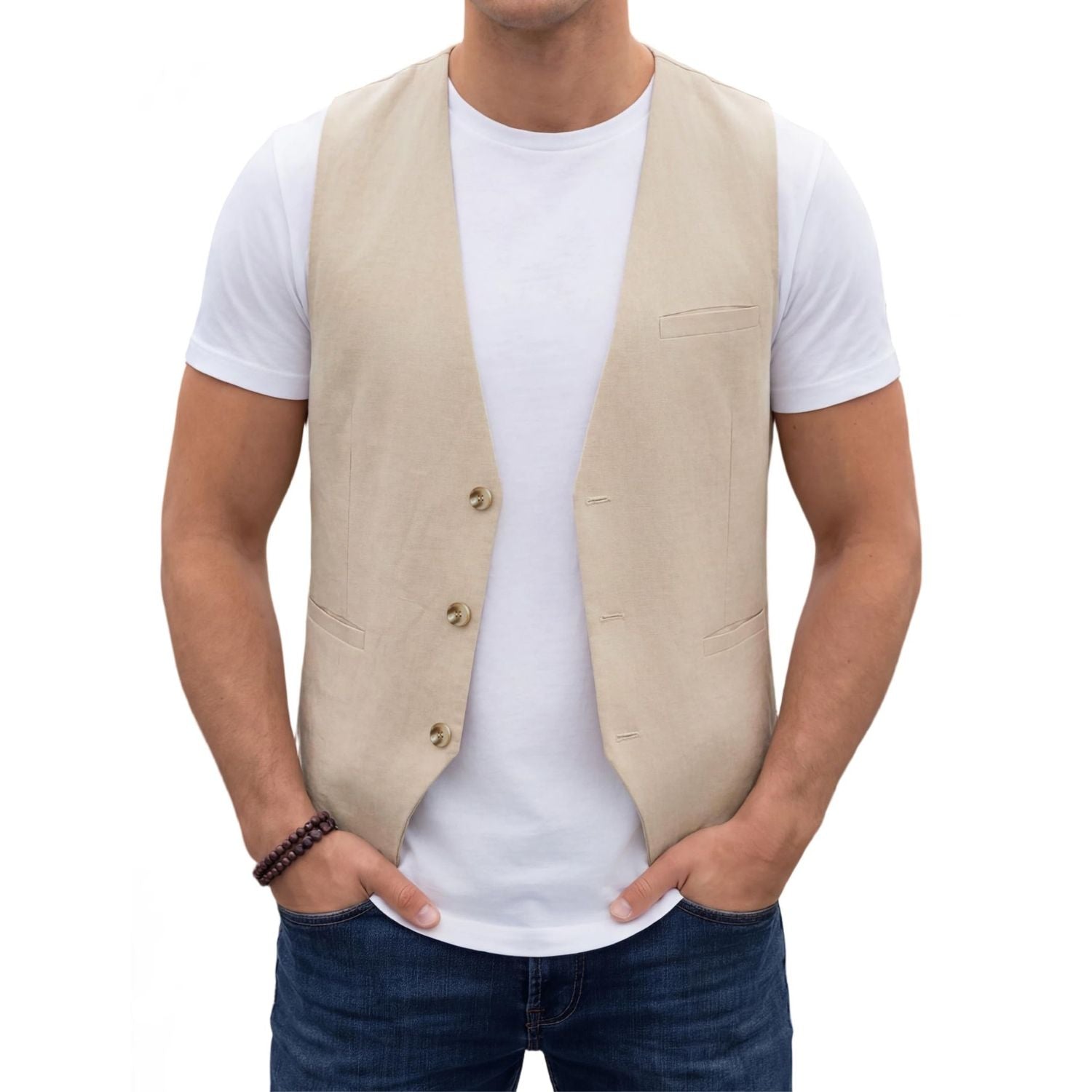 Hisdern Men's Beige Casual Linen Vest Lightweight Summer Waistcoat