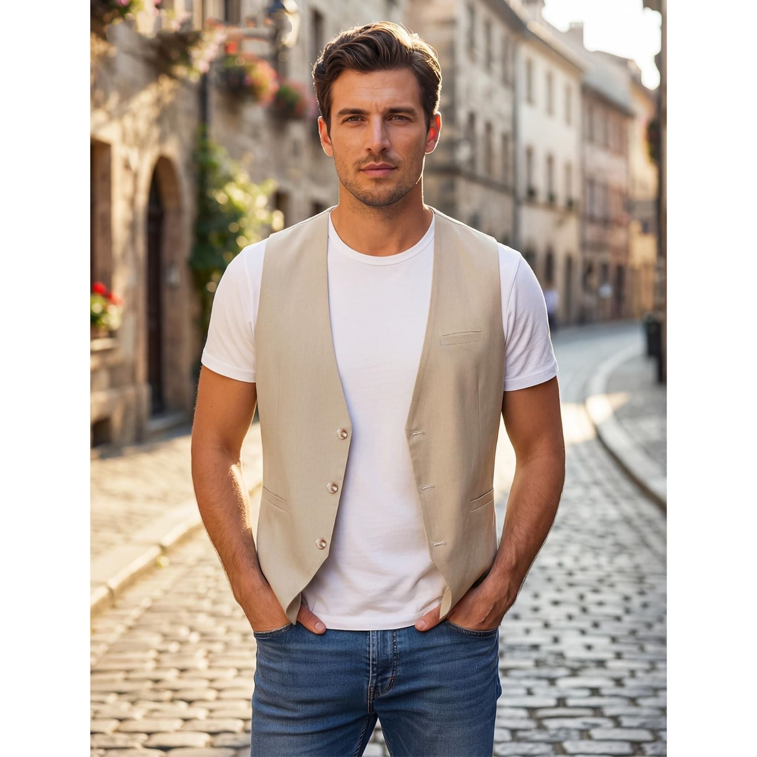 Hisdern Men's Champagne Casual Linen Vest Lightweight Summer Waistcoat