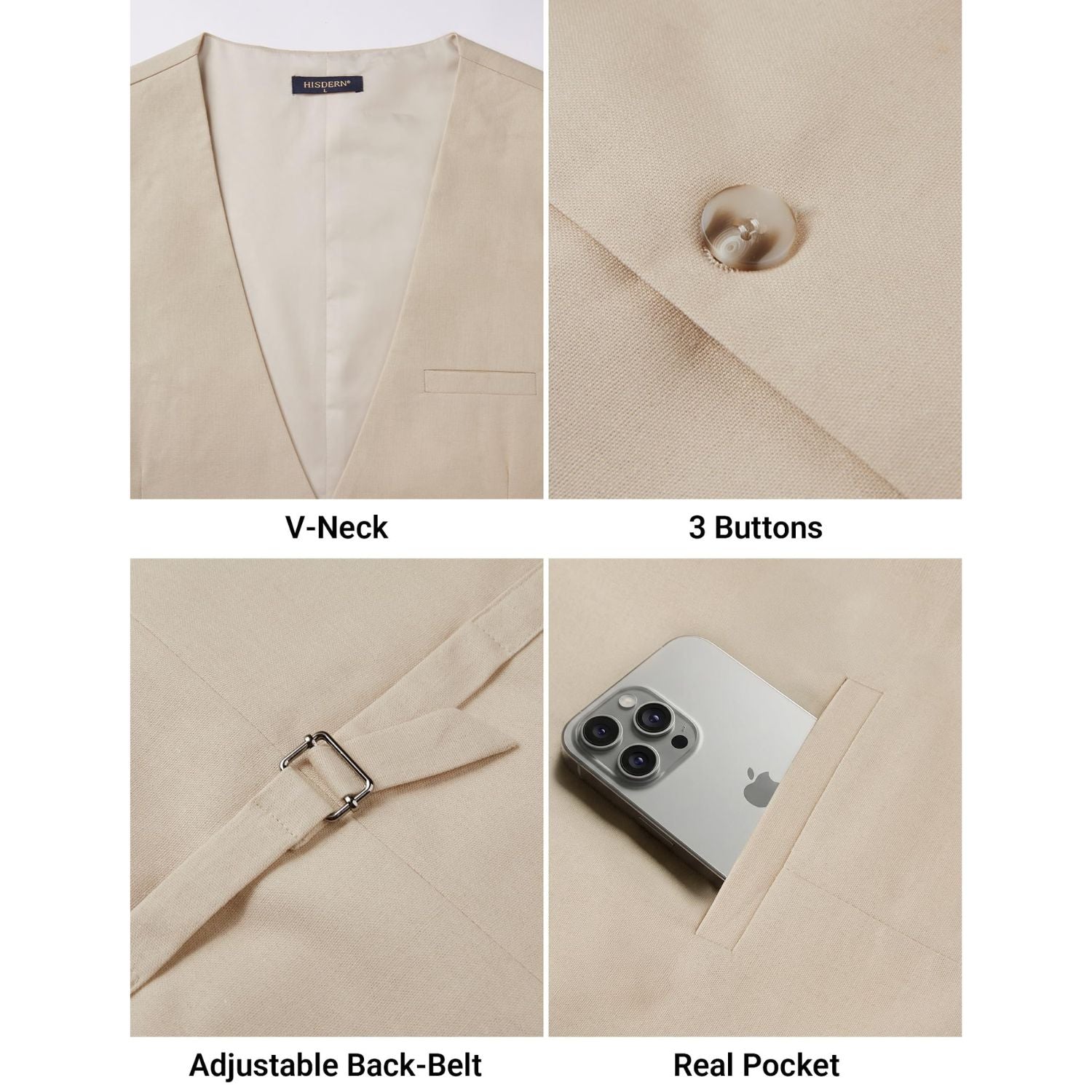 Hisdern Men's Champagne Casual Linen Vest Lightweight Summer Waistcoat