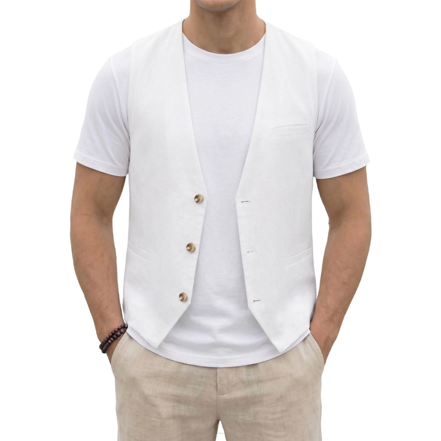 Hisdern Men's White Casual Linen Vest Lightweight Summer Waistcoat