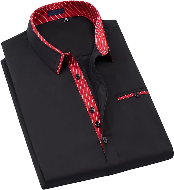 Hisdern Men's Black Red Dress Shirt with Contrast Collar for Casual