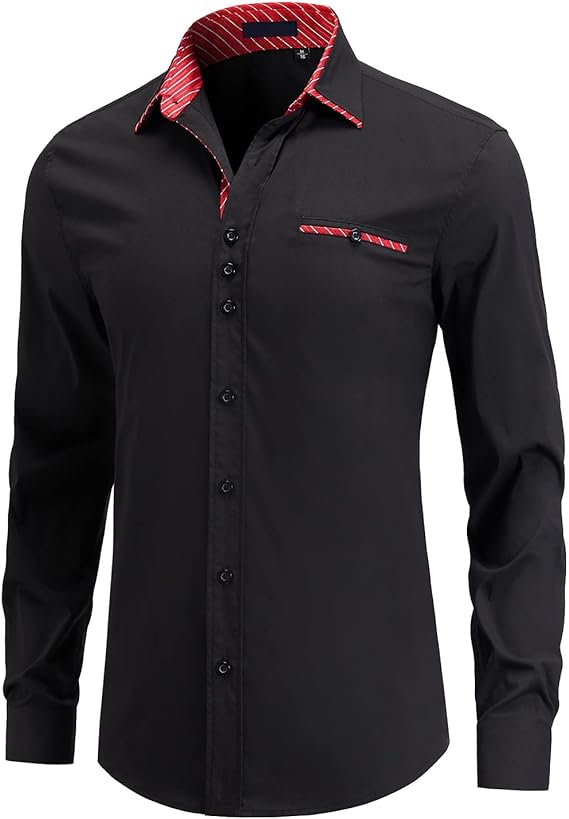Hisdern Men's Black Red Dress Shirt with Contrast Collar for Casual