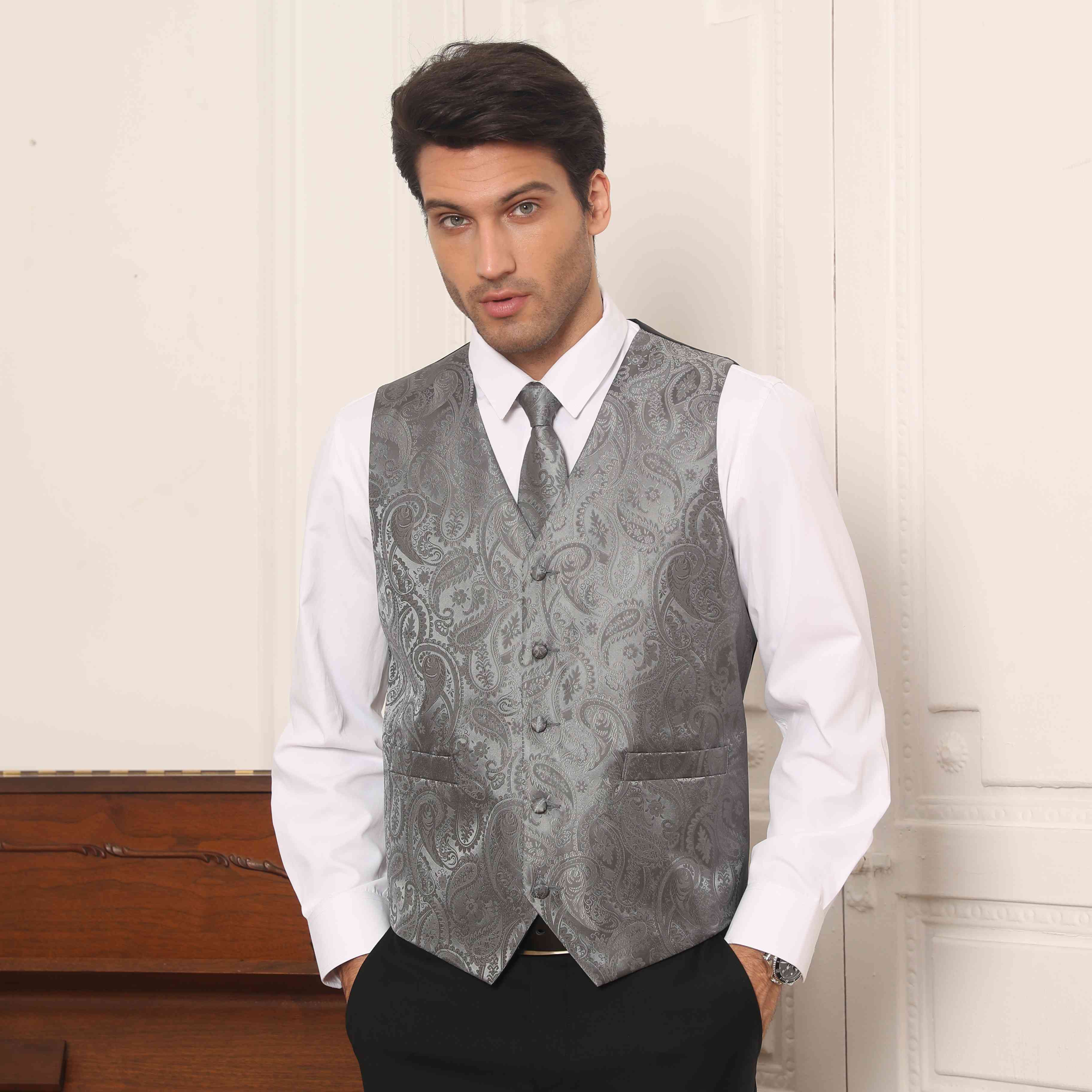 Hisdern Men's Grey Paisley Vest Tie Set For Weddings Anniversary