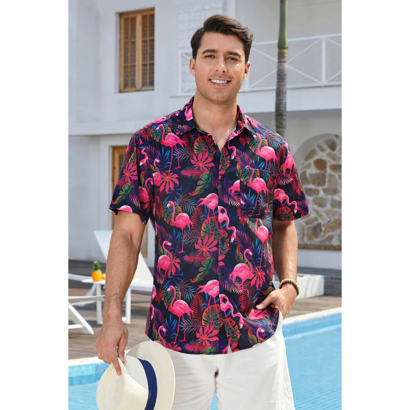 Yellow Black Flamingo Button Up Hawaiian Shirt For Summer Vacation