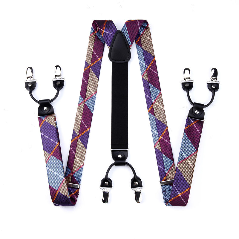 Plaid Suspender Bow Tie Handkerchief - A9-PLAID/PURPLE 