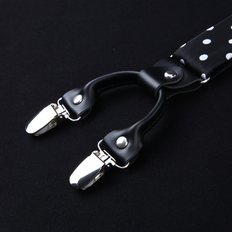 Polka Dot Suspender Pre-Tied Bow Tie Handkerchief - C4-BLACK 
