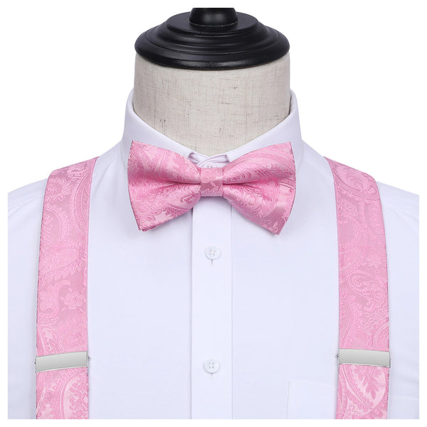 Paisley Floral Suspender Pre-Tied Bow Tie Handkerchief - C8-PINK 