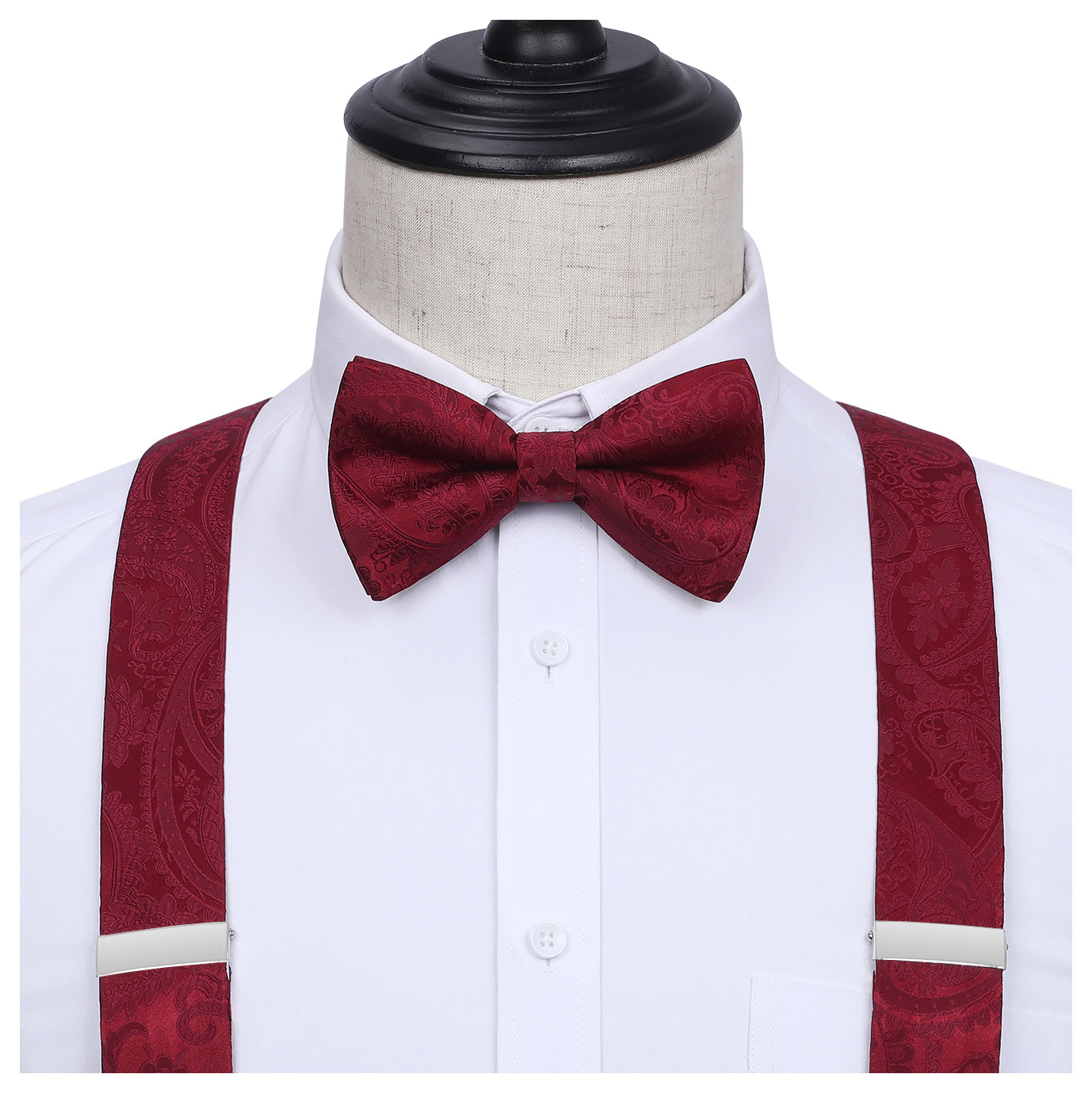 Paisley Floral Suspender Pre-Tied Bow Tie Handkerchief - C6-MAROON