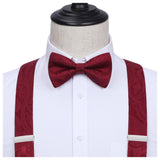 Paisley Floral Suspender Pre-Tied Bow Tie Handkerchief - C6-MAROON 