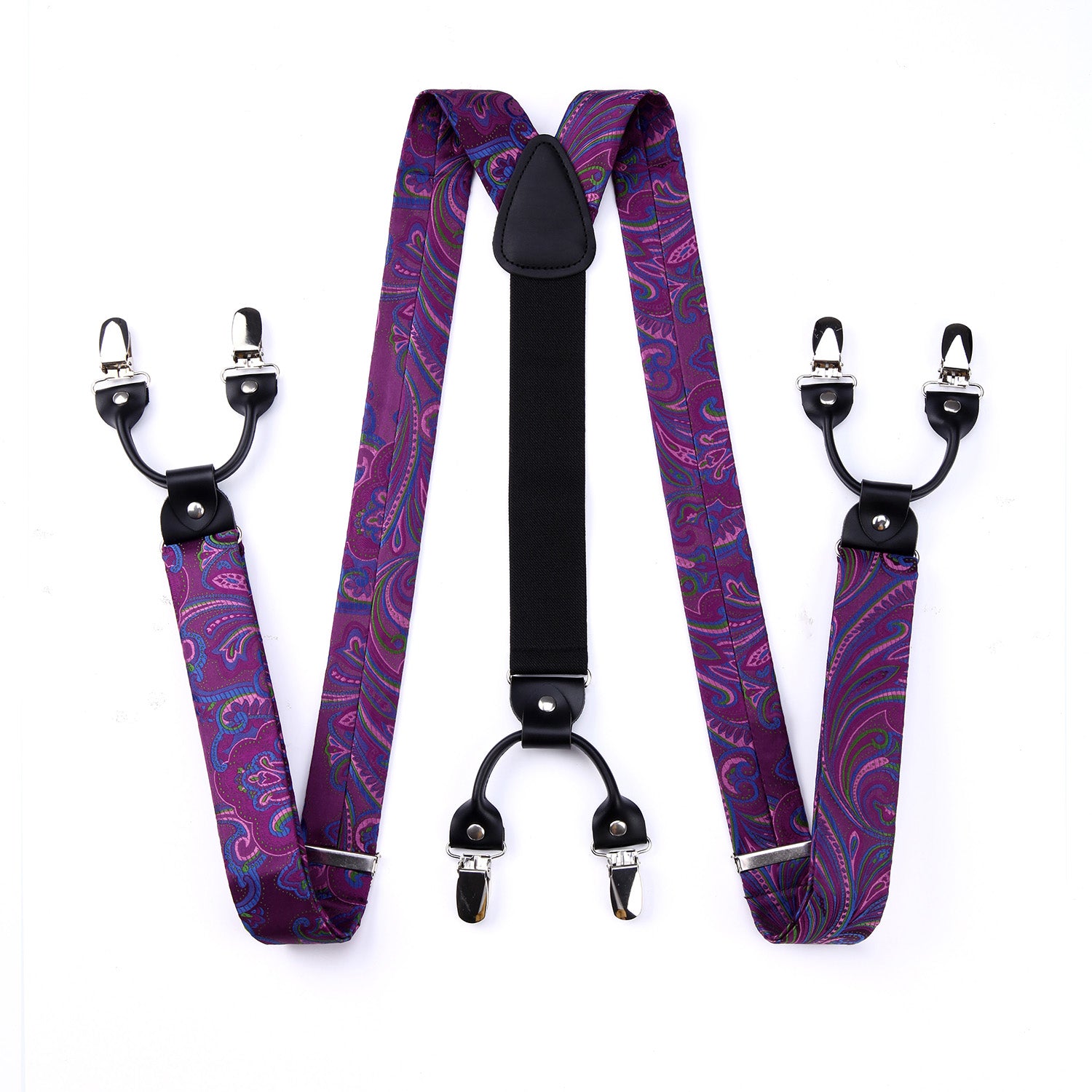 Paisley Floral Suspender Pre-Tied Bow Tie Handkerchief - D10-PRUPLE/PINK