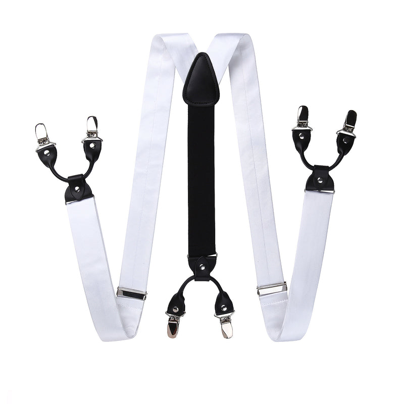 Solid Suspender Pre-Tied Bow Tie Handkerchief - A11-WHITE 