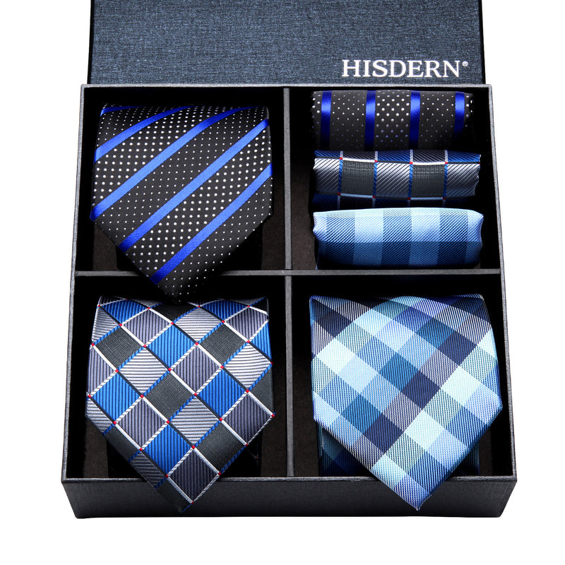 3PCS XL Tie & Pocket Square Set - A3-BLUE/BLACK