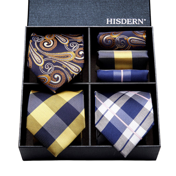 3PCS XL Tie & Pocket Square Set - B- YELLOW/BLUE