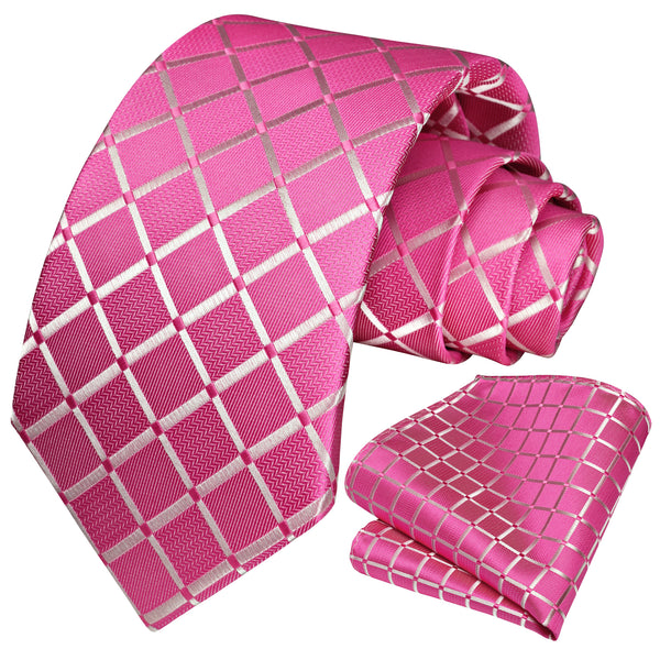 Plaid Tie Handkerchief Set - A7-PINK HOT 