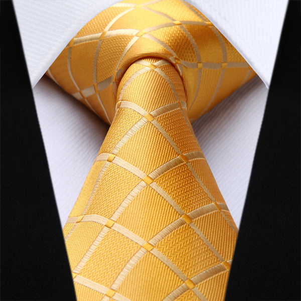 Plaid Tie Handkerchief Set - Yellow