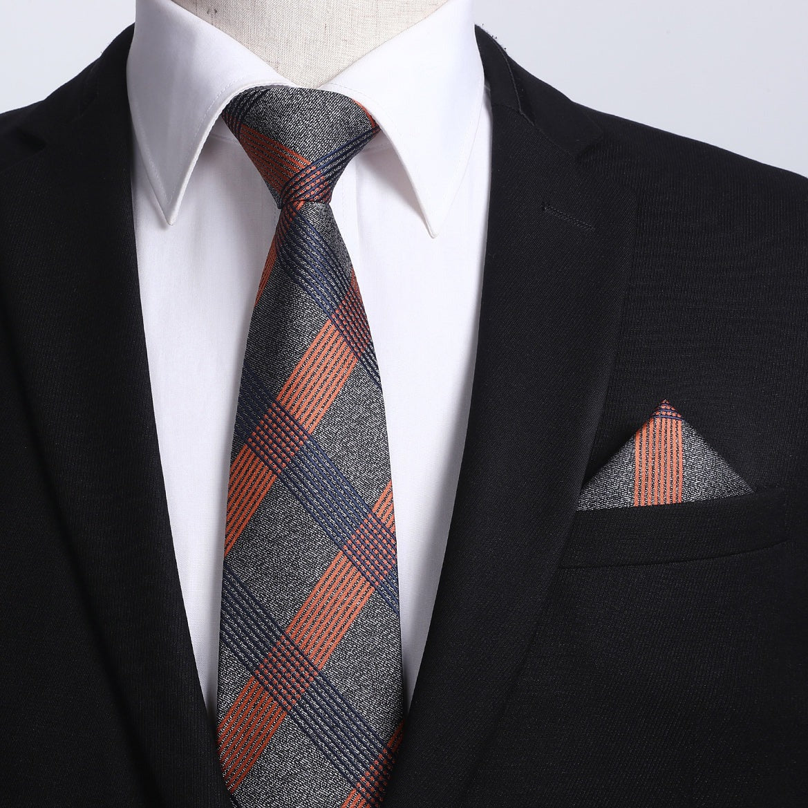 Plaid Tie Handkerchief Set - D-GRAY/ORANGE