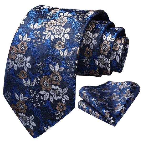 Floral 3.4 Tie Handkerchief Set - 06-NAVY BLUE/BROWN/WHITE 
