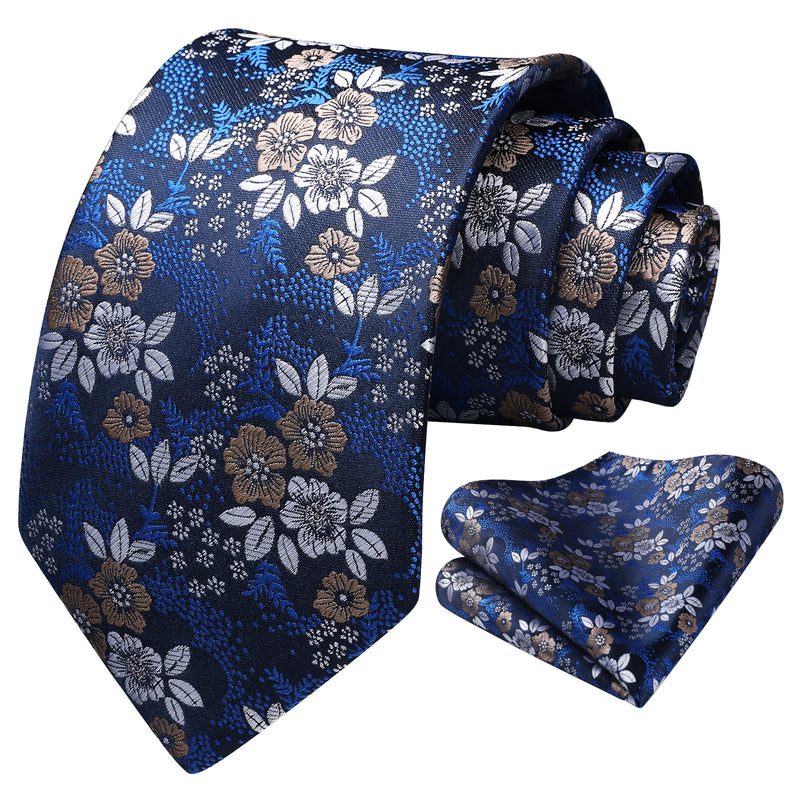 Floral Tie Handkerchief Set - NAVY BLUE/BROWN/WHITE
