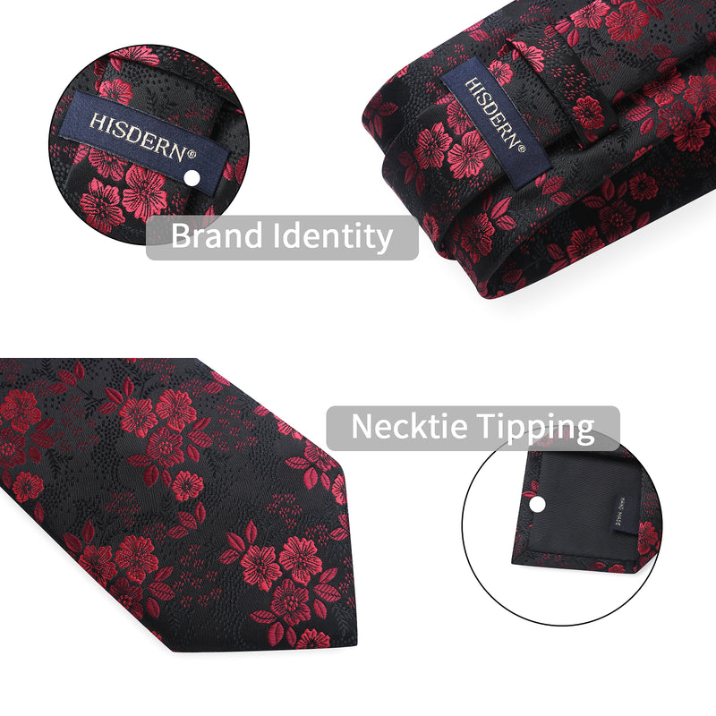 Floral Tie Handkerchief Set - RED/BLACK