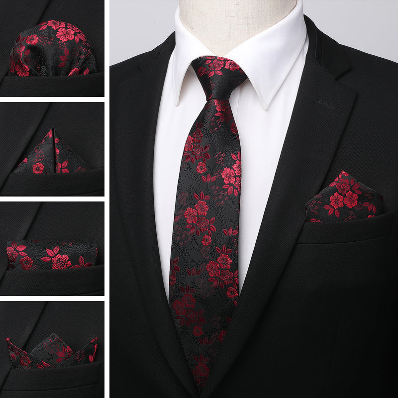 Floral Tie Handkerchief Set - RED/BLACK