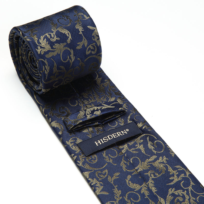 Floral Tie Handkerchief Set - A NAVY BLUE/BROWN