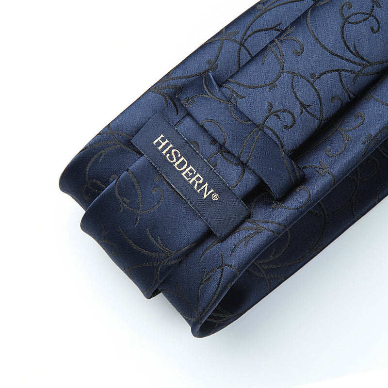Floral 3.4 inch Tie Handkerchief Set - 12-NAVY BLUE/BLACK 