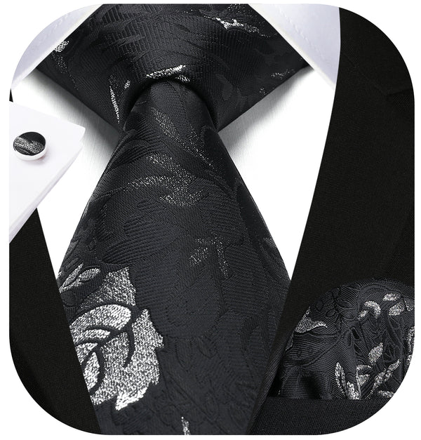 Floral Tie Handkerchief Cufflinks - BLACK 