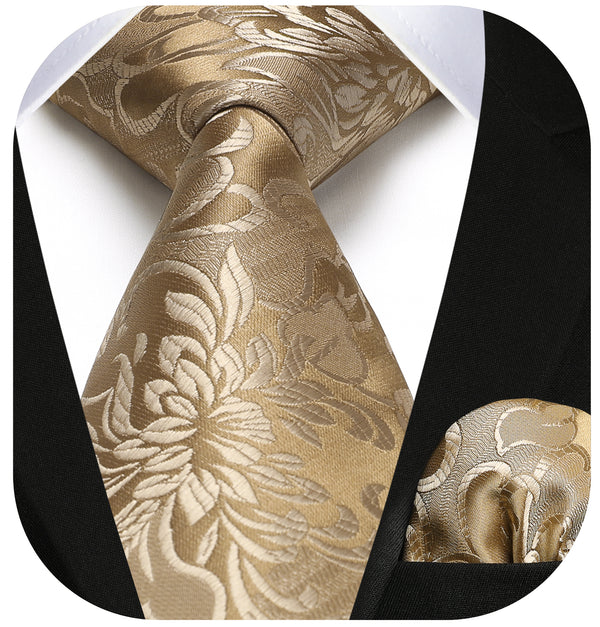 Floral Tie Handkerchief Set - 03A-GOLD4 