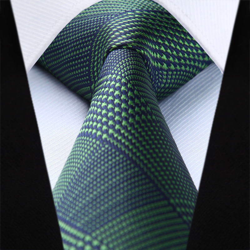 Houndstooth Tie Handkerchief Tie Set - GREEN/NAVY BLUE