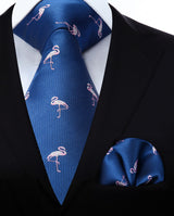 Flamingo Tie Handkerchief Set - NAVY BLUE 