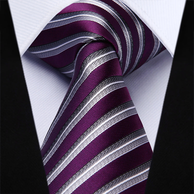 Stripe Tie Handkerchief Set - 01-PURPLE/SILVER