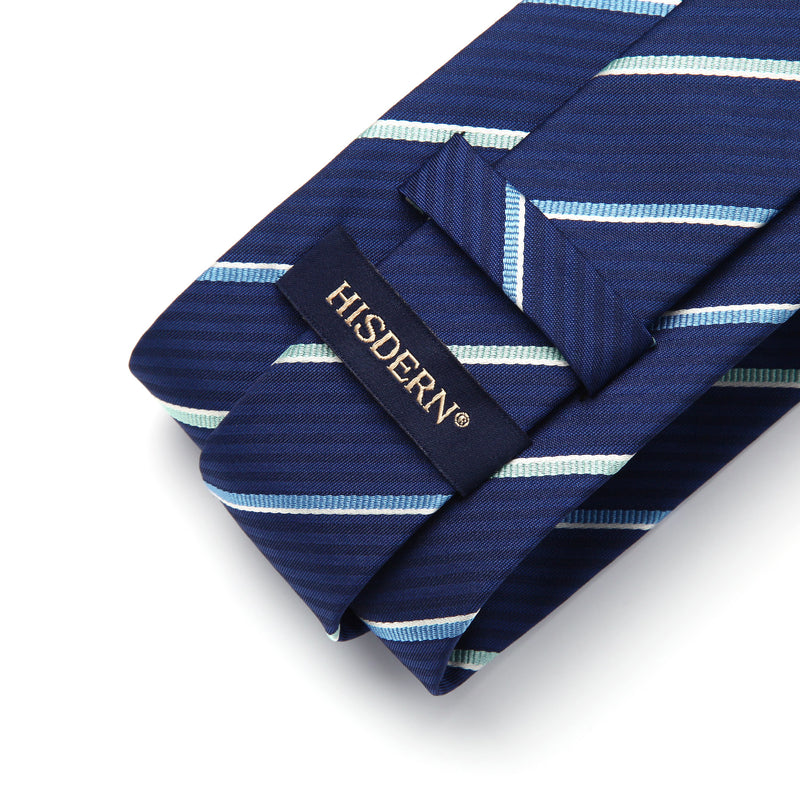 Stripe Tie Handkerchief Set - V- NAVY BLUE-10 