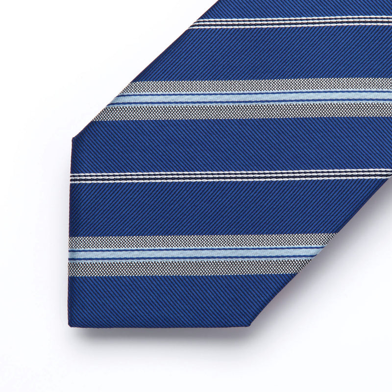 Stripe Tie Handkerchief Set - V- NAVY BLUE-9 