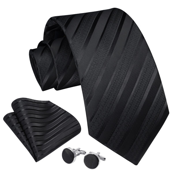 Stripe Tie Handkerchief Cufflinks - C06-BLACK 