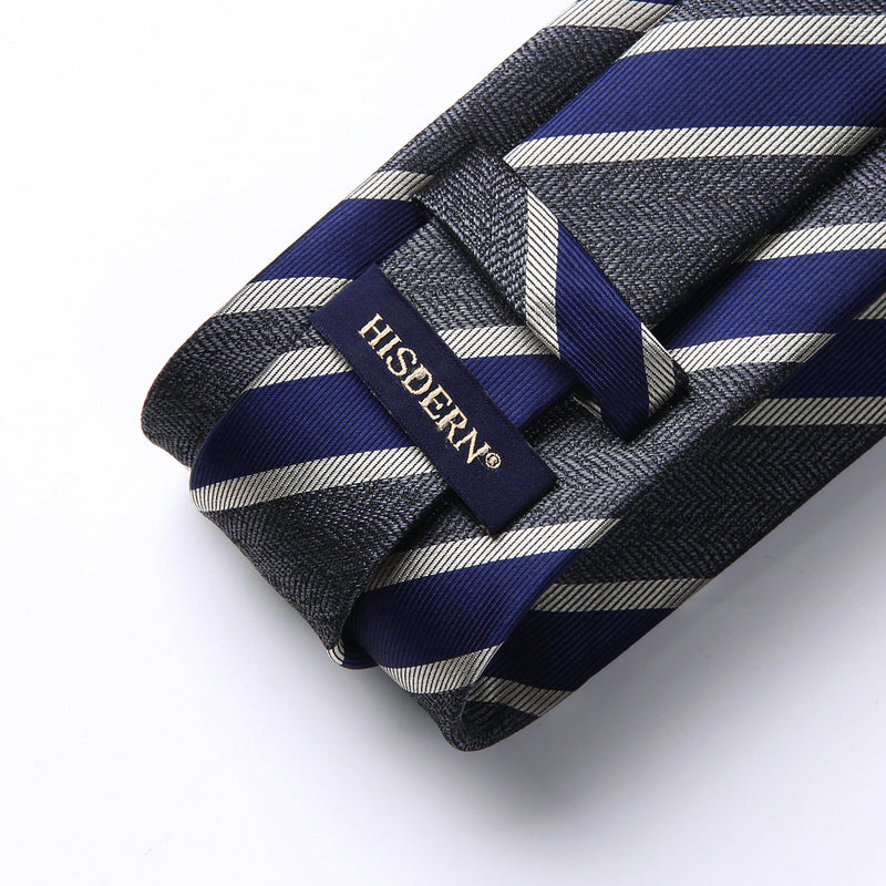 Stripe Tie Handkerchief Set - A-CHARCOAL/NAVY BLUE/GRAY 