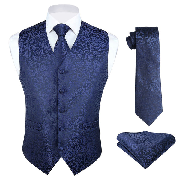 Paisley Suit Vest Tie Handkerchief Set - NAVY BLUE