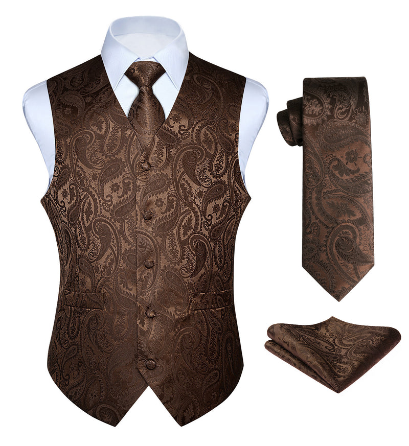 Paisley Vest Tie Handkerchief Set - BROWN