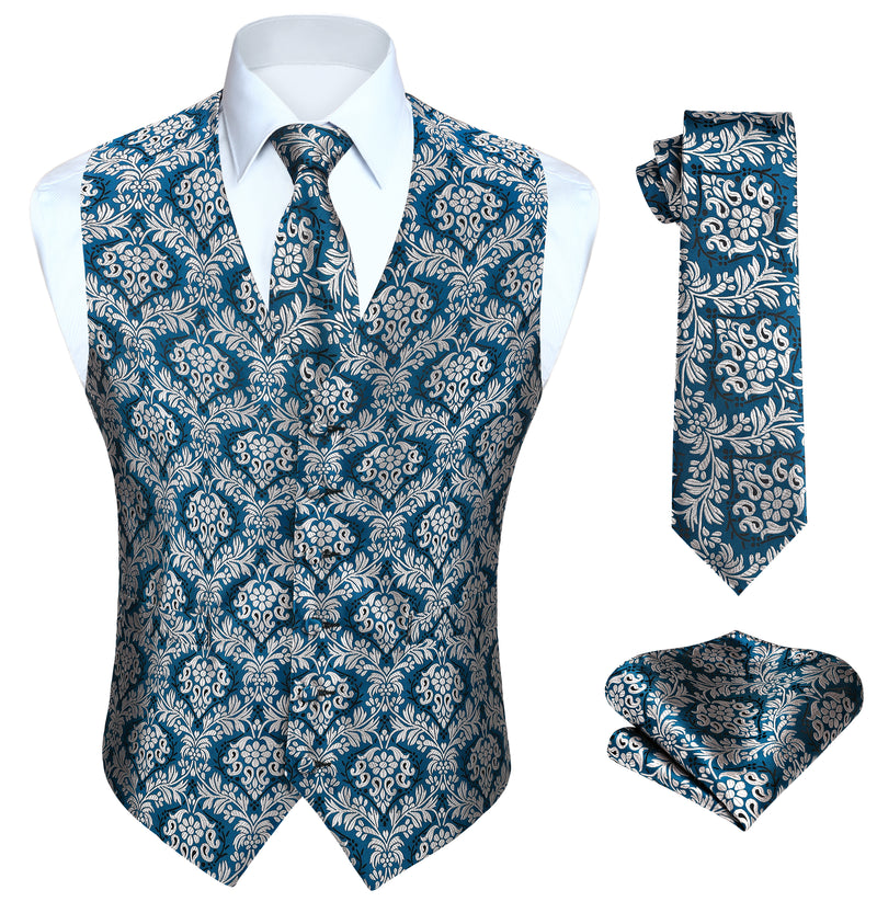 Paisley Floral 3pc Suit Vest Set - BLUE/GREY 