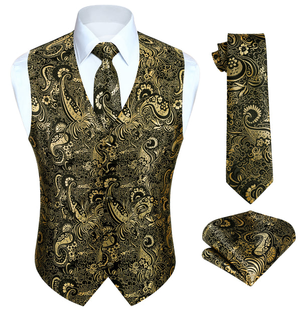 Paisley Floral 3pc Suit Vest Set - GOLD/BLACK 