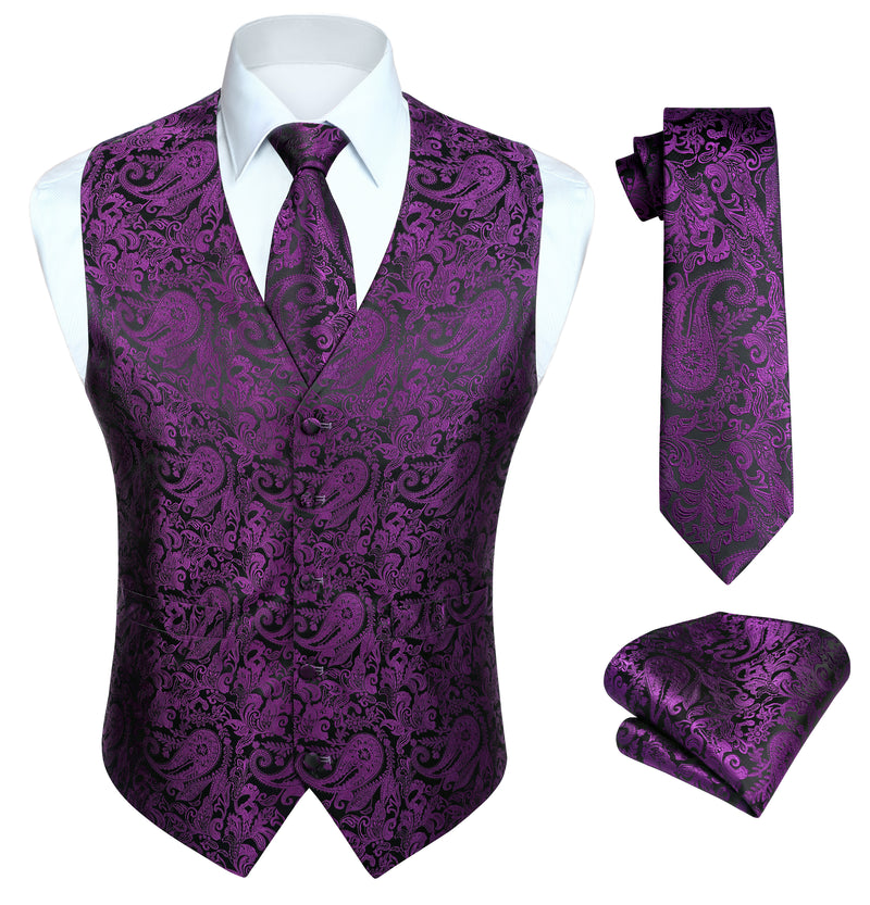 Paisley Floral 3pc Suit Vest Set - PURPLE -1 