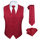 Paisley Floral 3pc Suit Vest Set - BURGUNDY-1 