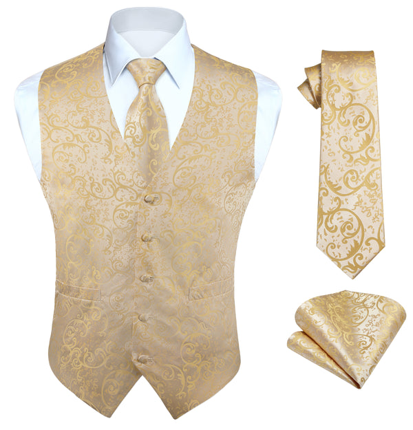 Paisley Floral 3pc Suit Vest Set - F-YELLOW GOLD FLORAL 