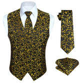 Paisley Floral 3pc Suit Vest Set - BLACK/GOLD-NEW 
