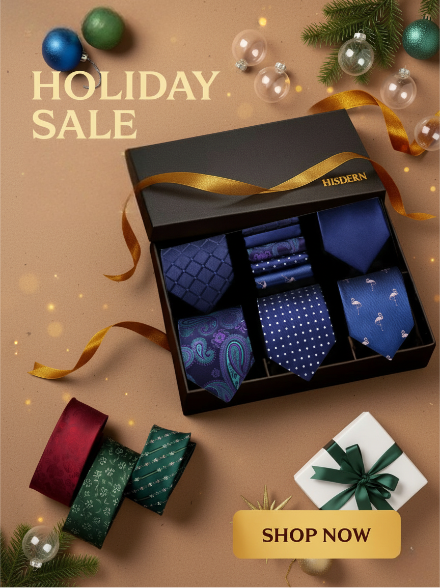 Box of ties with decorative ribbons and ornaments on a brown background, promoting a holiday sale.
