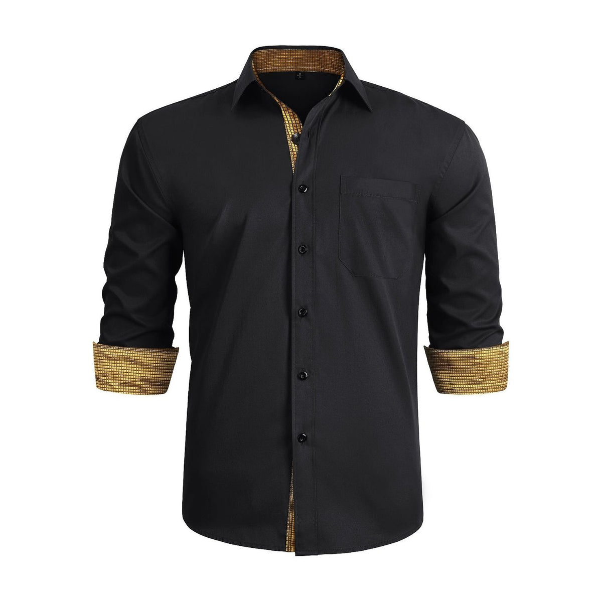 Hisdern Men's Black Gold Splicing Dress Shirt for Office Wear L Hisdern Men's Black Gold Splicing Dress Shirt for Office Wear L