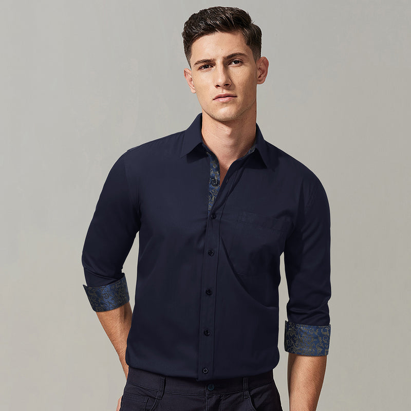 Casual Formal Shirt with Pocket - NAVY BLUE/BROWN 