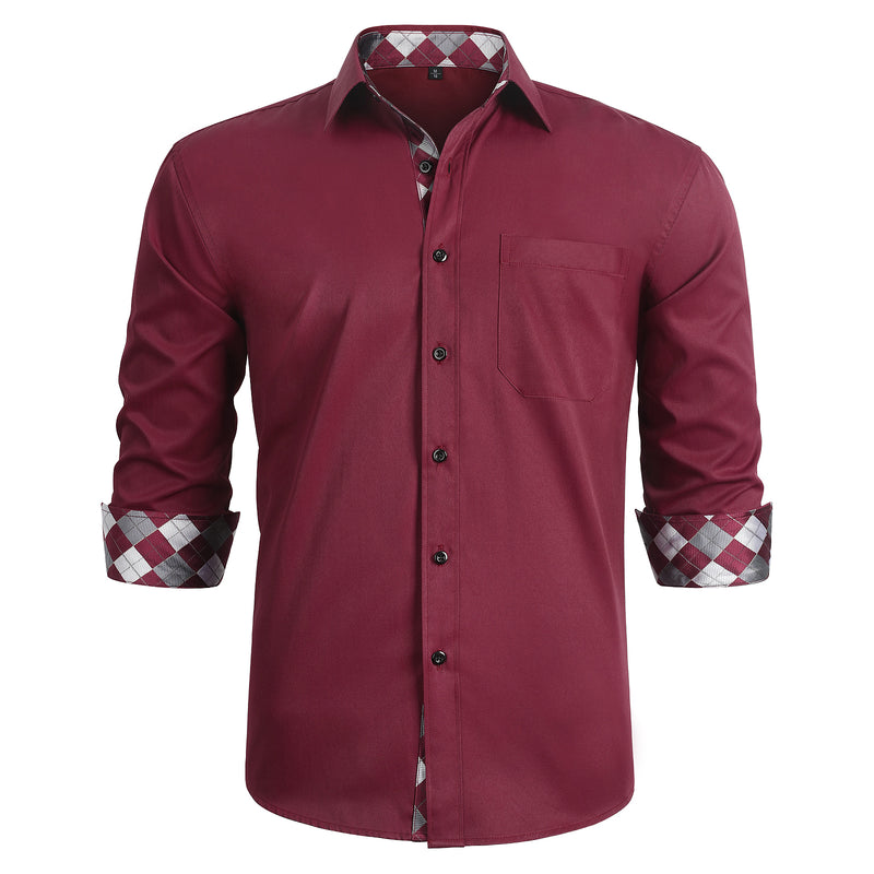 Casual Formal Shirt with Pocket - BURGUNDY/WHITE 
