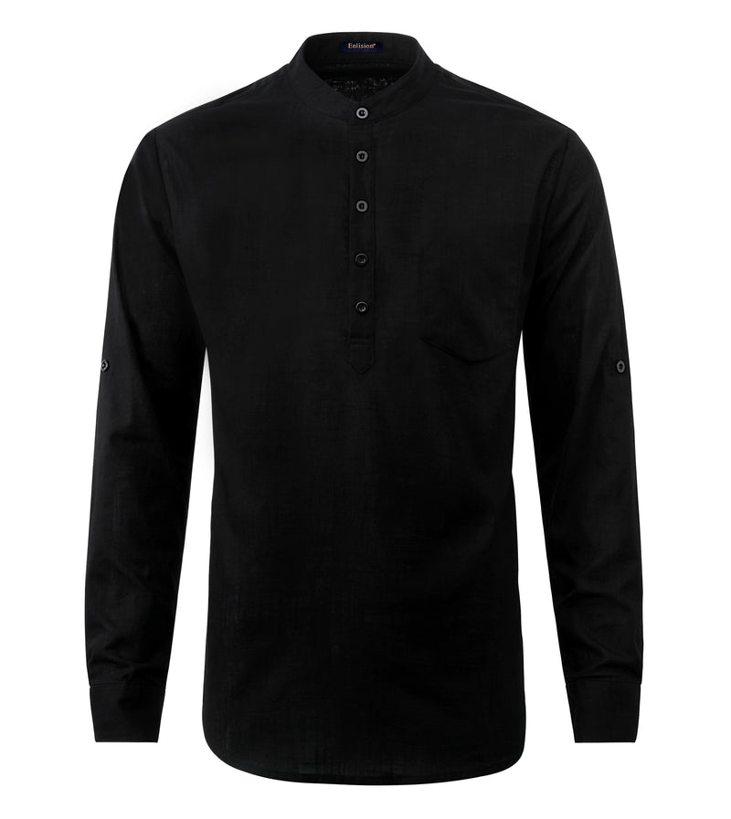 Casual Henley Shirt with Pocket - BLACK 