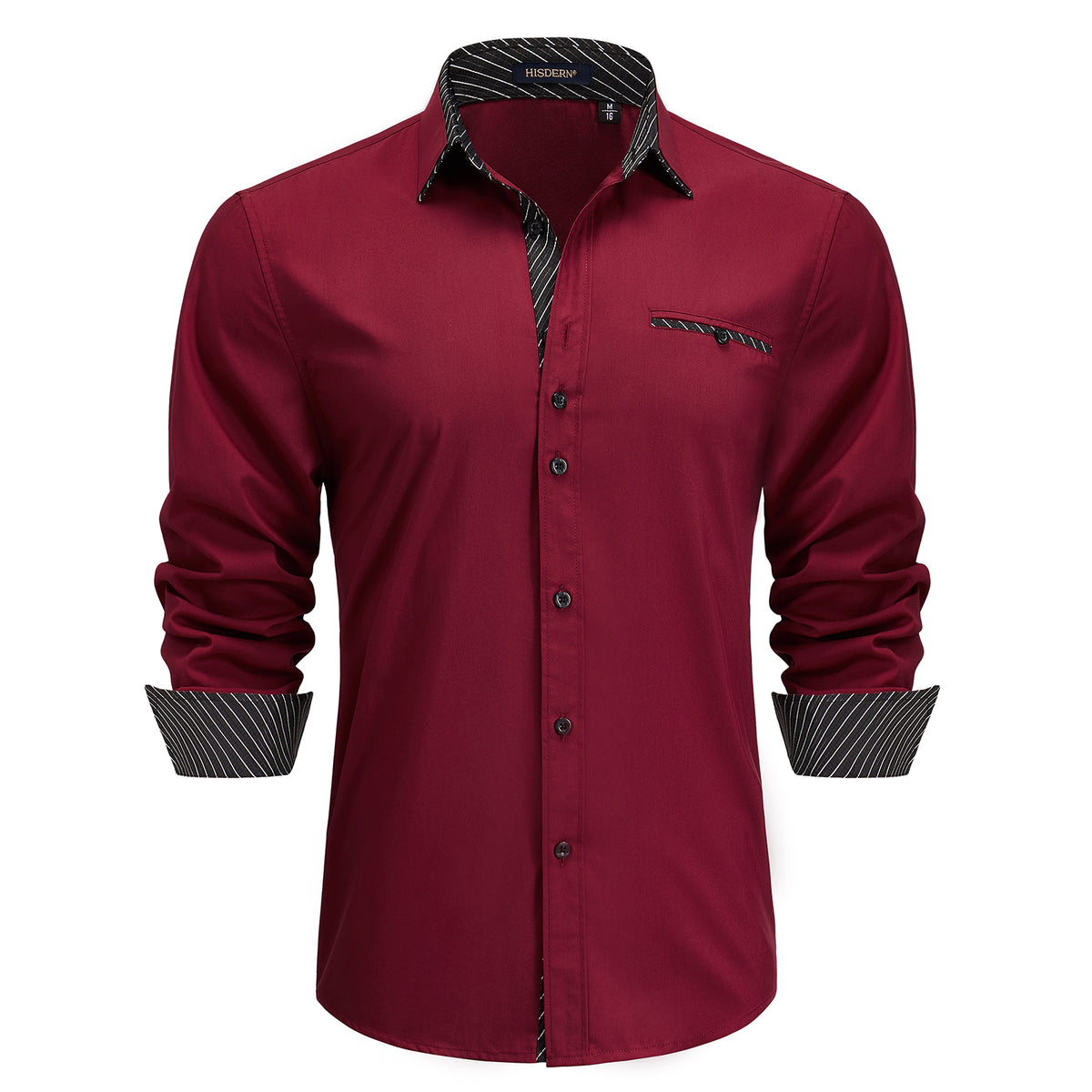 Hisdern Men's Burgundy Black Dress Shirt with Contrast Collar for Casual L